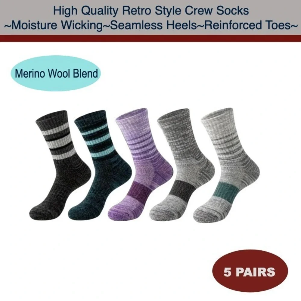 Durable High Quality Retro Style Socks LARGE Black Gray Anti-Slip Elastic 5 Pair